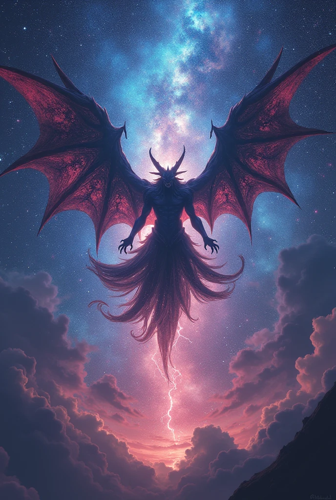Daimaou floating in middle of starring sky, heavenly, sky of colorful stars, fantasy theme, cinematic lighting, vibrant lighting