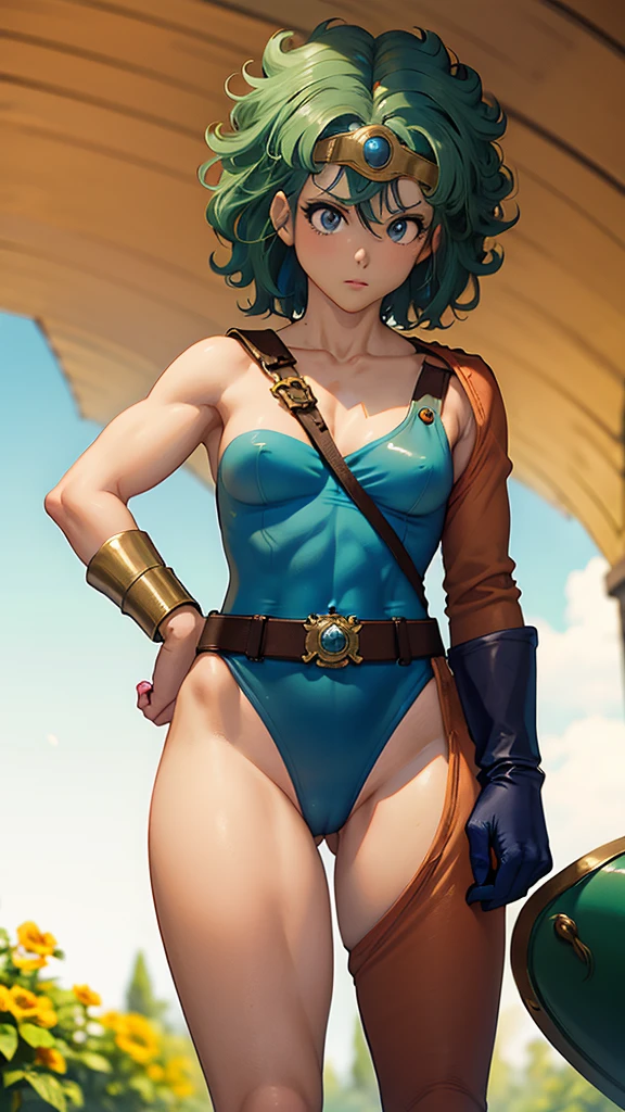 （（（ＳＦＷ、sound、Highest quality、Top notch work、Normal body、8k、Detailed face、Ultra-precision、normal hand、Refer、５refer、Highest）））、beautiful girl、Green Hair、yamato nadeshiko、((Small breasts、Shortcuts、Blue leotard、muscular、Red Cape、Circlet))、(((Sexy pose)))、Female Heroes、 Fight、Fight is ready、((Perfectly executed:Description of the whole body,Standing posture,Draw the details well、There is no anatomical problem))、grassland