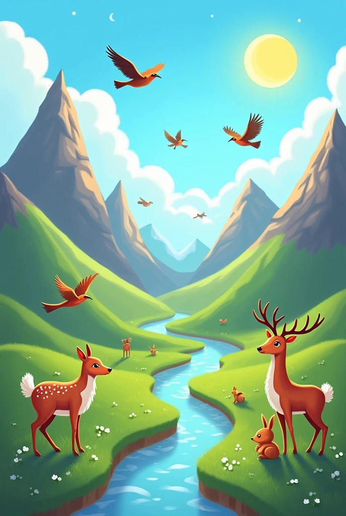 Make a drawing simulating that it was made in photoshop by a novice student, The drawings must contain the following characteristics:: sky, clouds and sun. Minimum 5 birds from different mountains, river and grass. minimum 3 animals of different shapes.