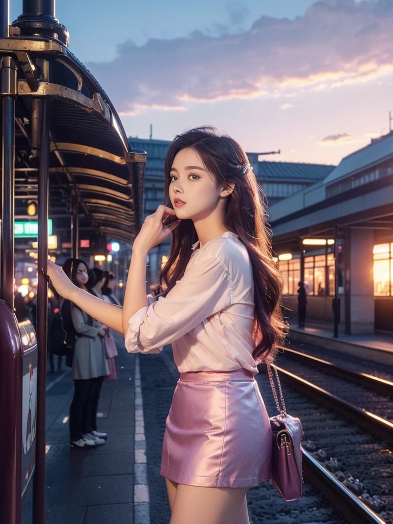 magenta tint、vibrant with colors、((tmasterpiece)))、(((top-quality)))、((ultra - detailed))、(Surreal)、(Very detailed CG illustration）、offcial art、CD cover、It will be、midsummer、fashionably、The glorious 1980s、Cool beauty、cochetti gorgeous、incomparable beauty、colorfulhair、Rock music、jaqueta de couro、Superskirt、Women only、perfect angle、Perfectcomposition、(twilight，railway station，train，rosy clouds)，