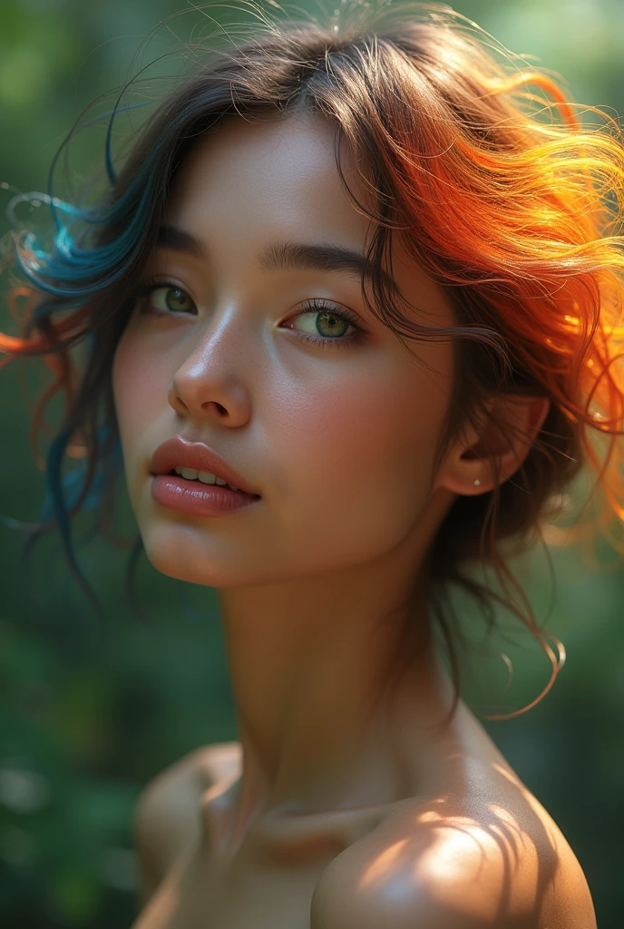 ((masterpiece)), ((Highest quality)), (Portrait of a beautiful girl), Eye for perfect detail, Face in perfect detail,Perfect Muscles,Perfect body, Very elaborate nose, Open your mouth, 、 Perfect Teeth, Full body exposure, Charm, Perfect Face, Dimples on cheeks, Depth of written boundary, High resolution, ((Realistic skin texture)), (Well-proportioned hands), Thin lips, Random color hair, Floating multicolored hair, Muscular, forest,Adult