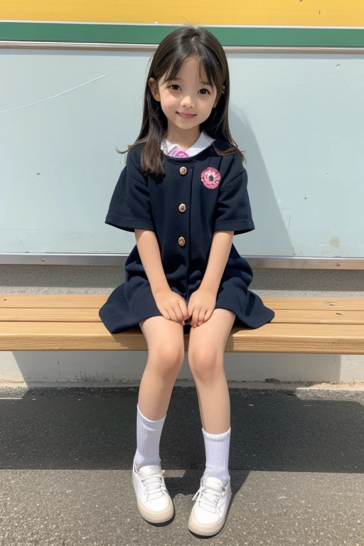 Cute and lovely elementary school first grade girl pretty face full body sitting full picture little