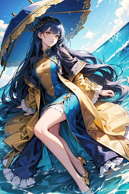 She has long navy blue hair and golden yellow eyes. 

She wears a blue dress, wave water-like coat, and light blue stocking that were cut out to her feet. SPARKLE; GLITTER