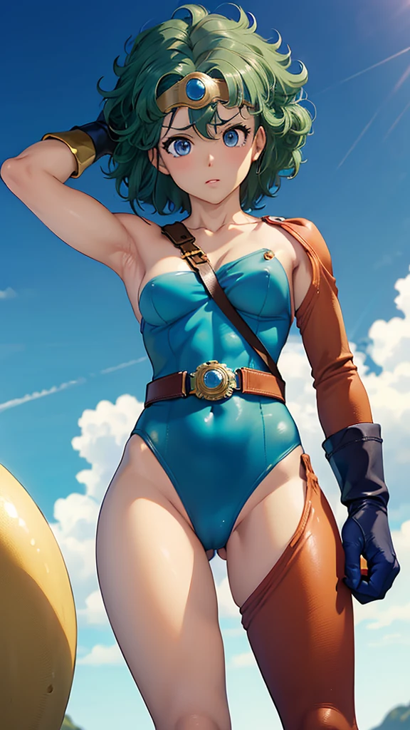 (((SFW、sound、Highest quality、Top notch work、Normal body、8k、Detailed face、Ultra-precision、normal hand、Refer、5refer、Highest)))、beautiful girl、Green Hair、yamato nadeshiko、((Small 、Shortcuts、Blue leotard、muscular、Red Cape、Circlet))、(((Sexy po))、Female Heroes、 Fight、Fight is ready、((Perfectly executed:Description of the whole body,Standing posture,Draw the details well、There is no anatomical problem))、grassland