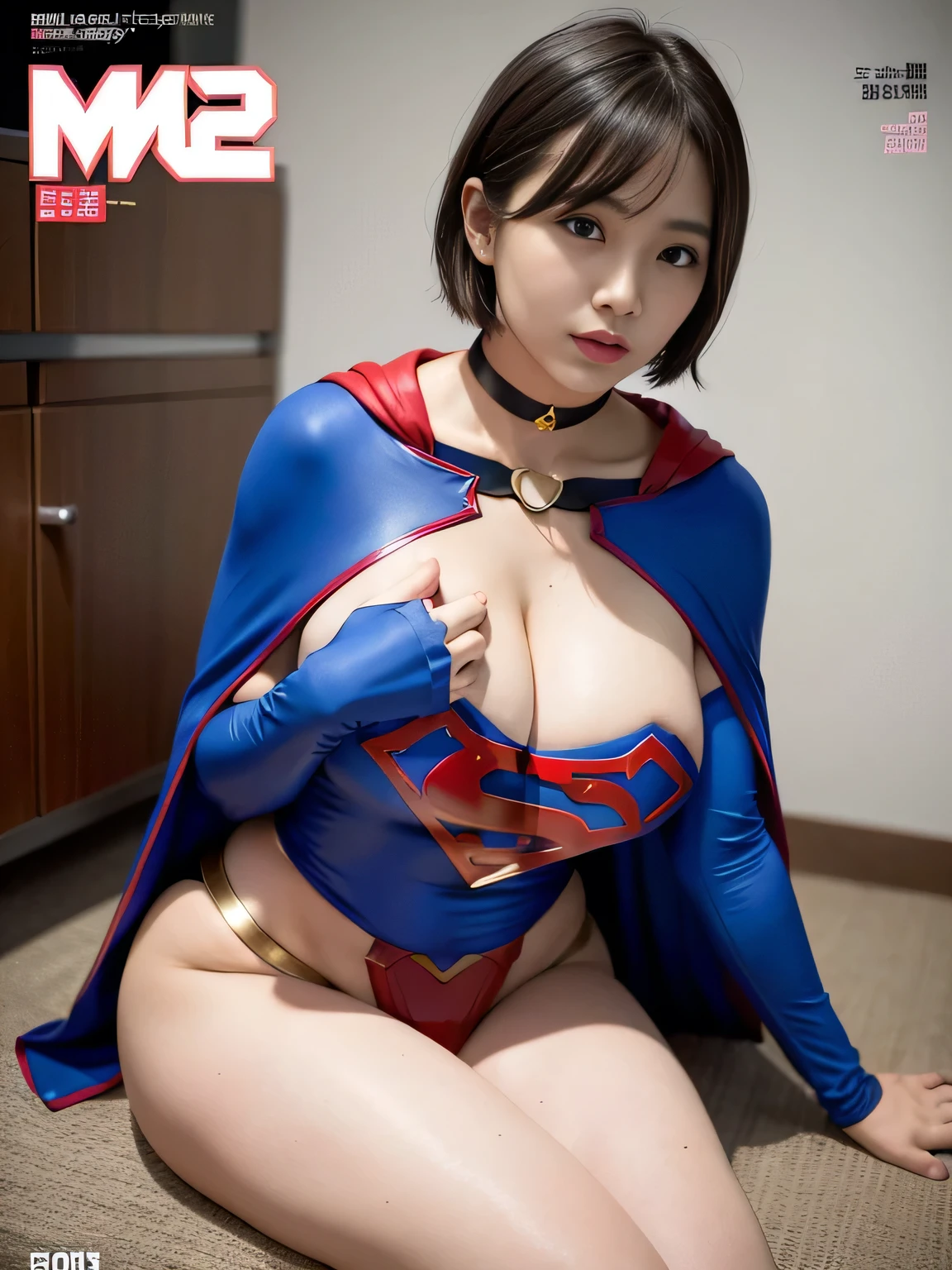masterpiece、Rubber Supergirl Costume、short hair、barefoot、Big and ample breasts、looking at the camera、choker、Long sleeve、Cape、mini skirt、Off the shoulder、Sweaty skin、In front of medical equipment at the hospital、Photo magazine cover、Glamorous cleavage、Boasting beautiful legs、High leg leotard、Glamorous bare legs、Nymphomaniac young wife in her 30s、Close-up shot from the front、