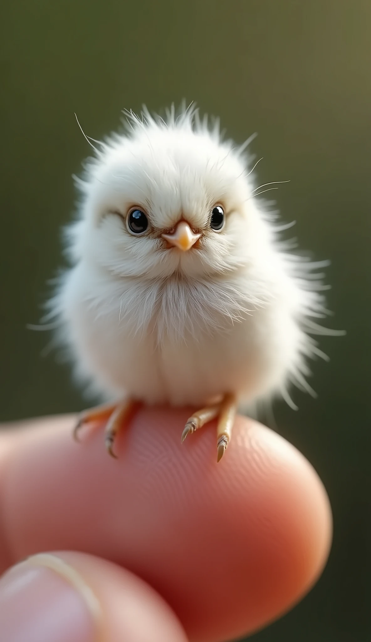 Photorealistic、8k、Micro tiny baby perched on human finger [Long-tailed Tit] The whole body is pure white and fluffy.
