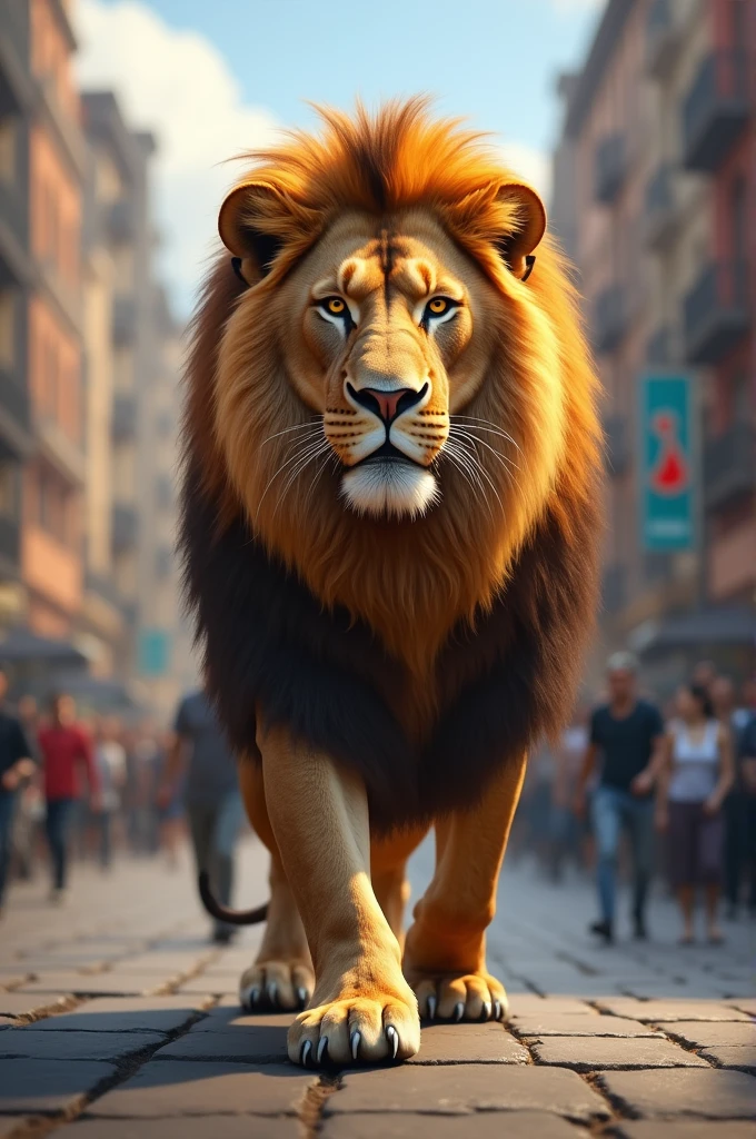 A lion walking in the street like a king