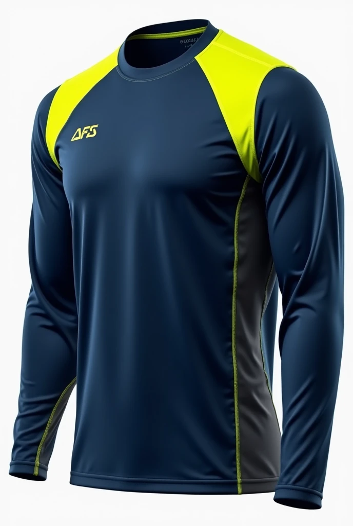 Long sleeve sports shirt, in navy blue with grey and yellow details