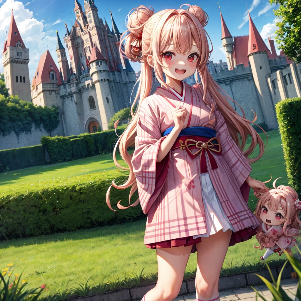 Pink Blonde、Red eyes、Wavy Hair、Hair tied up、Two cute、Checked mini skirt、kimono、Knee-high socks、Teeth are visible、Monster Castle、Tilting face、grass、There's a stake stuck in the ground、In front of the city gates、Underground tunnels、Iron suspension bridge、The stone is cracked、Giant wood、There is a step on the ground、Piglet、it's raining、Holding a sword