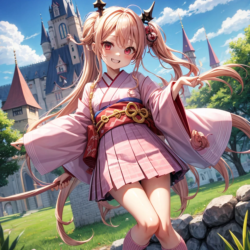 Pink Blonde、Red eyes、Wavy Hair、Hair tied up、Two cute、Checked mini skirt、kimono、Knee-high socks、Teeth are visible、Monster Castle、Tilting face、grass、There's a stake stuck in the ground、In front of the city gates、Underground tunnels、Iron suspension bridge、The stone is cracked、Giant wood、There is a step on the ground、Piglet、it's raining、Holding a sword