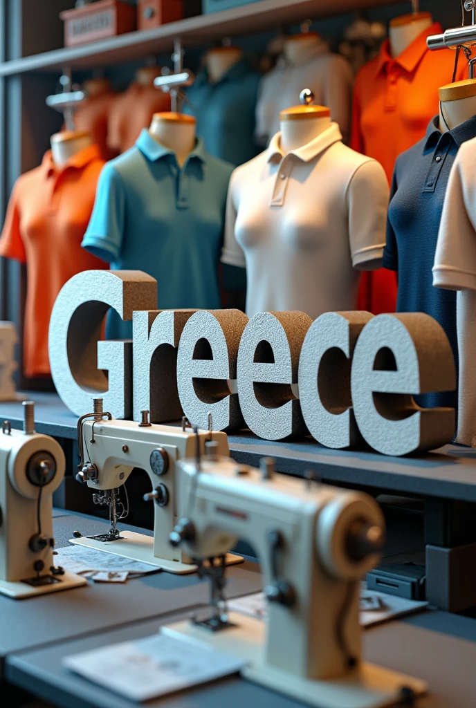 Greece word in 3d with sewing machines and polo shirts background
