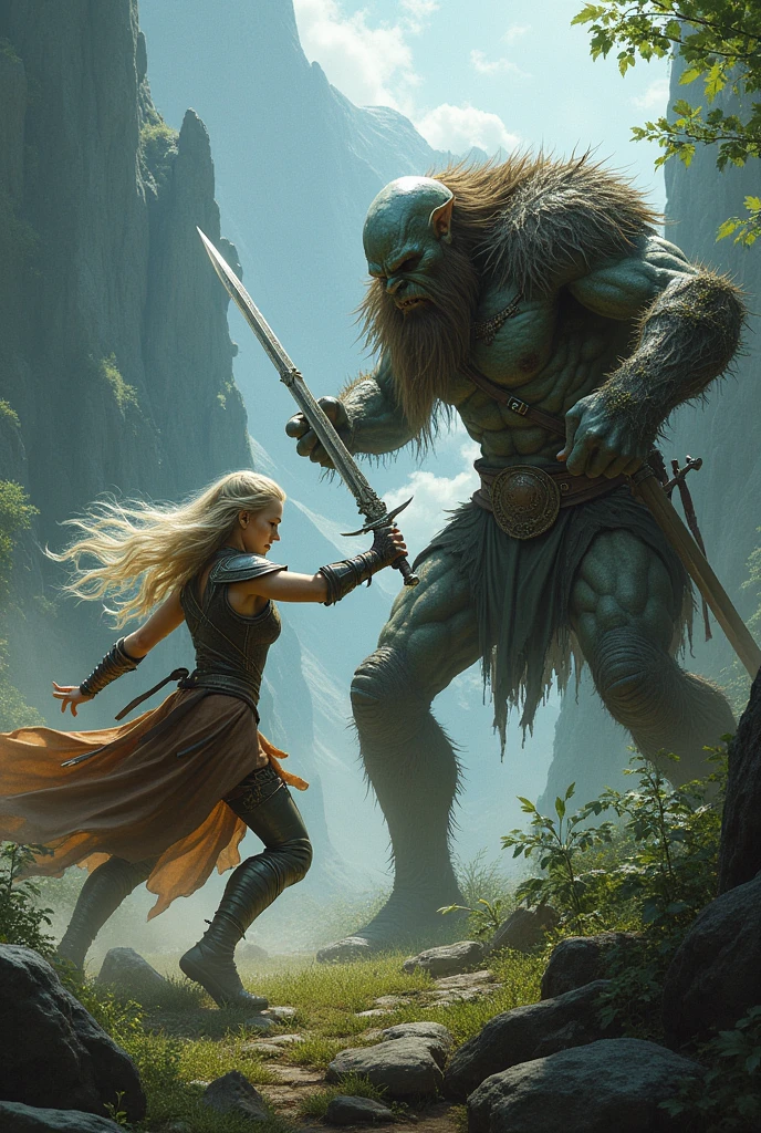 Create an image of an elf defeating an ork in a fight in middle earth  
