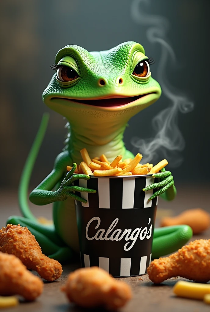 A realistic green lizard smiling holding a black and white striped bucket with Calango&#39;s written on it. The bucket with fried chicken drumsticks and French fries scattered on the floor, smoking 
