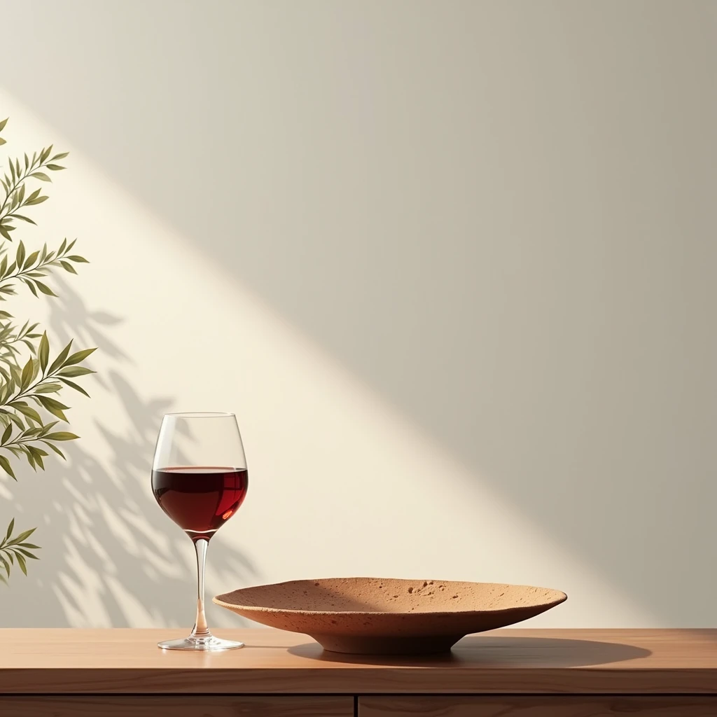 Table with a chopped angle plate and a glass of wine. Still life style