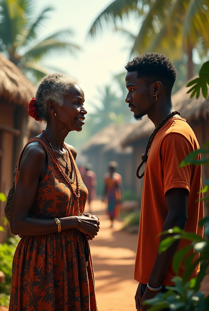 Old woman talking to young couple in an African village 