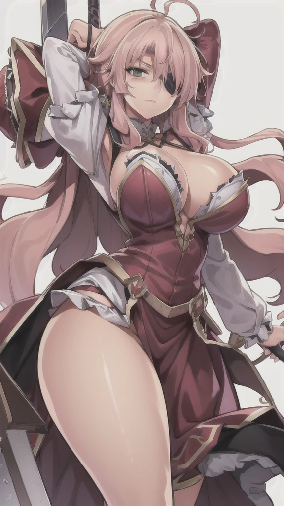masterpiece,best quality,kim_kwang_hyun, 1girl, owari\(azur_lane\) , messy hair, hair, eyepatch, chunky, solo, peach-pink colored hair, large huge breasts, looking at viewer, green eyes, peach-pink colored hair, big boson, large huge breasts, long sleeves, dress, cleavage, closed mouth, weapon (( spiked club)), puffy sleeves, arm up, clothing cutout, copyright name, red dress, cleavage cutout, juliet sleeves , power armor, shoulder armor, peach-pink colored hair, green eyes, Sad eyes, hair over one eye