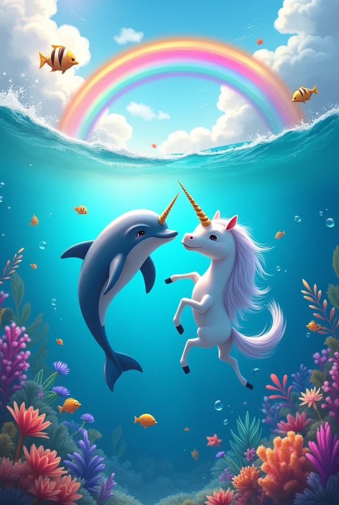 A dolphin and a unicorn in the sea with a rainbow in the background and colorful things