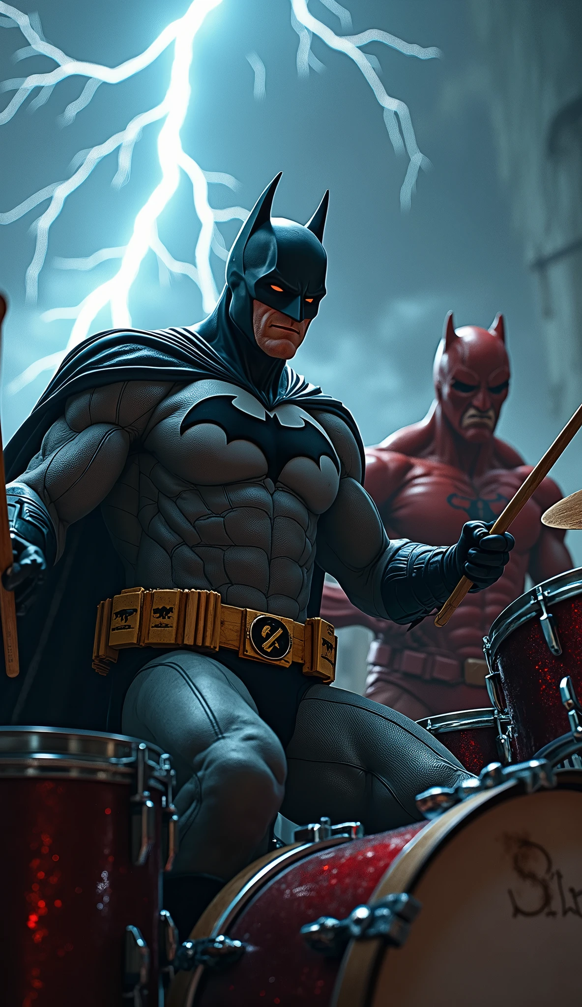 Rock Batman marvel holding a stick sitting playing drums with a background of thunder and very rock vibes.