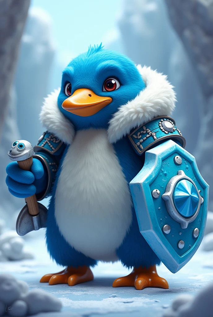 A blue penguin, from a game, 3D, looking forward diagonally with a fish in one hand and an ice shield in the other, A warrior 
