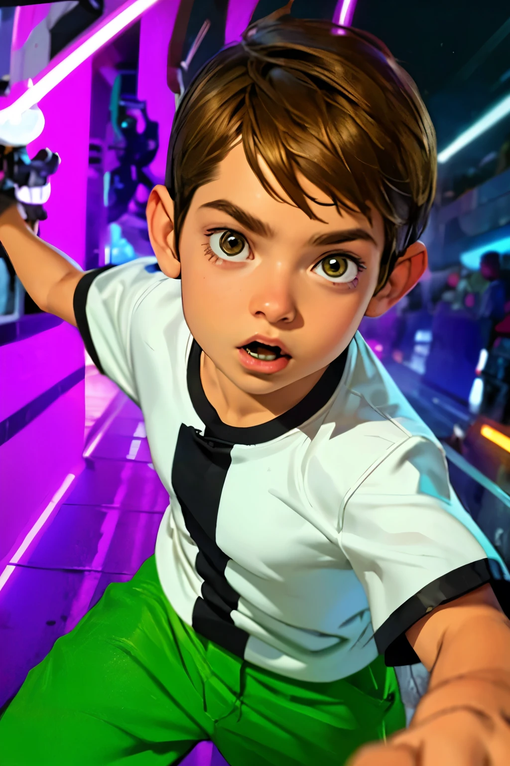 Movie poster, Ben 10 (((, 4yo )))rown eyes, (((wearing a white outfit with black stripe in the center, green pants))) , showing fist. (Omnitrix on arm)) . (Action facial expression ) . highy detailed, face detailed, realisitic, cinematic lighting, studio quality, proffesional, face detailed, intrikate, bright coloured. ((abstract lighting background)).