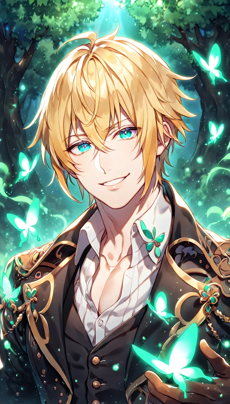 absurdres, highres, ultra detailed, HDR, master piece, best quality, extremely detailed, detailed eyes, Eizen, blonde hair, expressive turquoise eyes, Tales Of Beseria, solo, sexy man, sensual, handsome, smile, manly man, adult face, black coat, white shirt, black vest, unbuttoned shirt, brown gloves, under a green tree, fantasy, magical, glittering fireflies, green butterflies, green flames, magic, green leaves