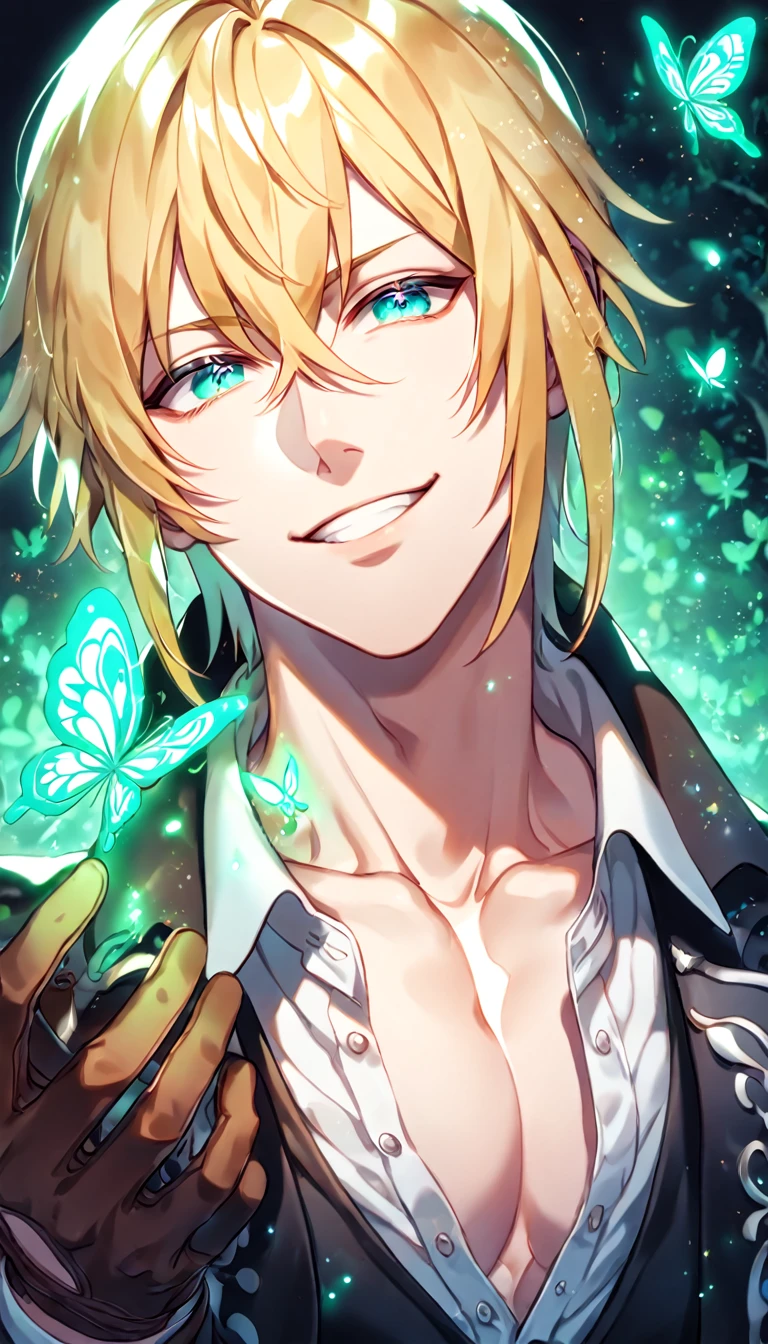 absurdres, highres, ultra detailed, HDR, master piece, best quality, extremely detailed, detailed eyes, Eizen, blonde hair, expressive turquoise eyes, Tales Of Beseria, solo, sexy man, sensual, handsome, smile, manly man, adult face, black coat, white shirt, black vest, unbuttoned shirt, brown gloves, under a green tree, fantasy, magical, glittering fireflies, green butterflies, green flames, magic, green leaves