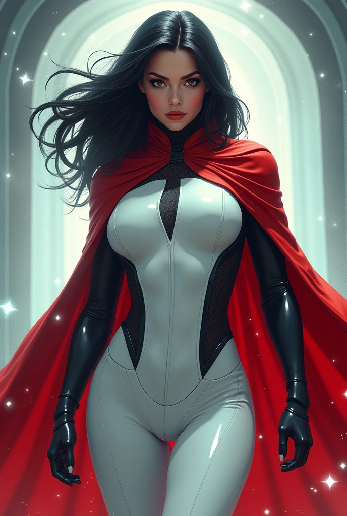 make a superhero image of a middle aged woman with black hair and black eyeliner, brown eyes and white with red cape