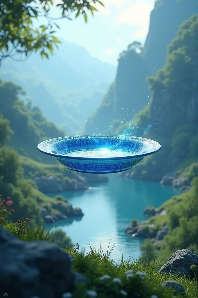 Create an enchanted landscape image with a blue plate