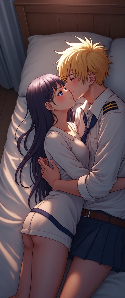 (32K:1.9, Realistic:1.9, Highest quality, masterpiece, Ultra-high resolution), Perfect dynamic composition:1.3, Highly detailed skin and facial textures:1.3, (Cute sexy slim Japanese schoolgirl, Height: 155cm), (Slim man, Length 180cm), ((Both of them lie on the bed, A man gives a woman a pillow:1.3, to kiss:1.4)), Fair skin, ((Clarity:1.1)), (The guy has a great uniform:1.3, Bright yellow hair, beautiful目:1.3), (The woman is wearing a uniform with a light blue tie..:1.3, Straight black hair.:1.3, smile:0.9, A man completely charms a woman:0.9, beautiful Blue Eyes, beautiful, Clear Eyes:0.8), Sexy Face:0.4, blush:1.1, (beautifulエロティシズムを醸し出す雰囲気:0.8, Professional random camera work, Cinematic Lighting Effects, romantic, mysterious), (Too erotic), Object of admiration, original, dramatic, artistic, Innovative, charm, Heartful, Fancy, Tilt, sense of loss, special, exciting, Extreme, sense of openness, joy, joyの表現, ((若さのcharm, 女性的なcharm))
