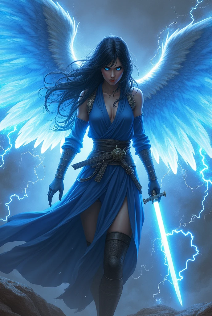 Angel Warrior (women )She masters the blue lightning and uses a katana that radiates rays. Her eyes shine blue light and she has a blue aura. She has a ninja suit and a tunic. Her wings have levitating Egyptian letters and are ready to attack., with a look of great anger