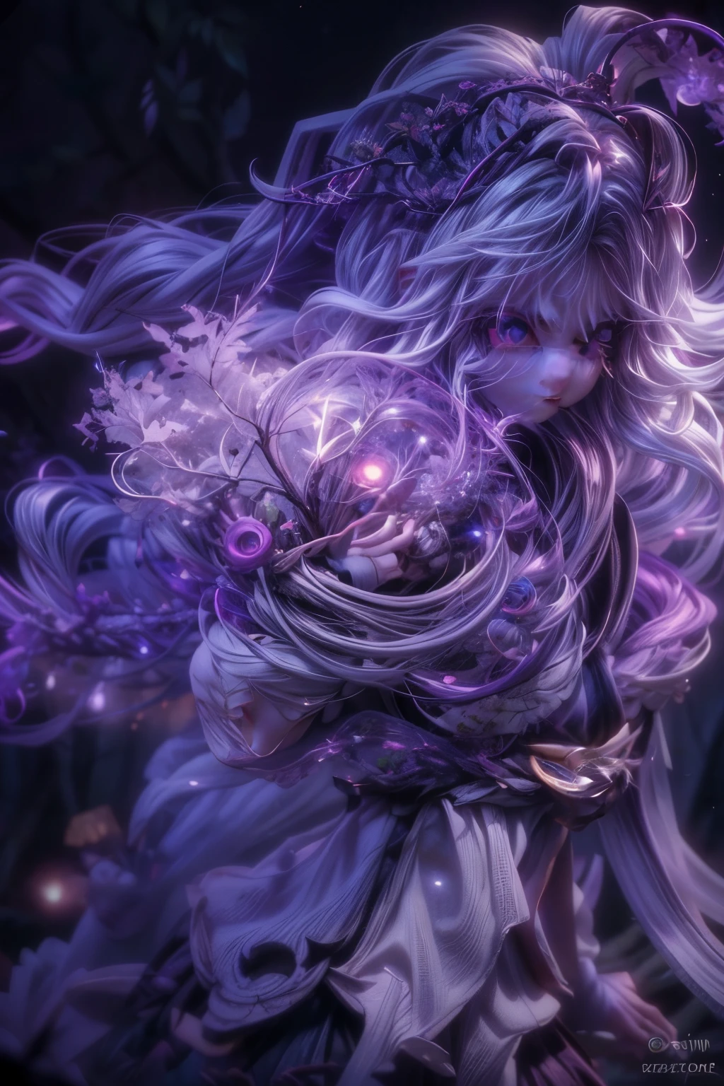 appearance of a teenager,Eyes red,Calm,quiet,cute,bonitas,whole body,looking straight ahead,hair white,hair violet,creature of nature,spriggan style,efreet,crazy,serious look,tree,dryad,forest background 