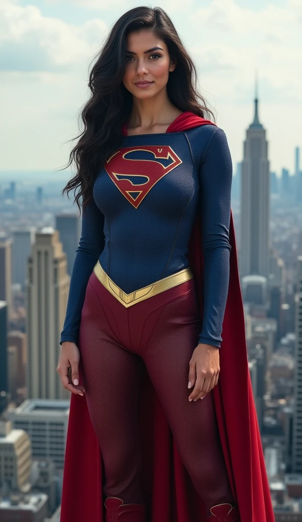 colombian girl, dark hair, dark brown eyes, actress sasha calle as supergirl, supergirl costume, tight suit, ultra realistic professional photo, standing on the roof of building
