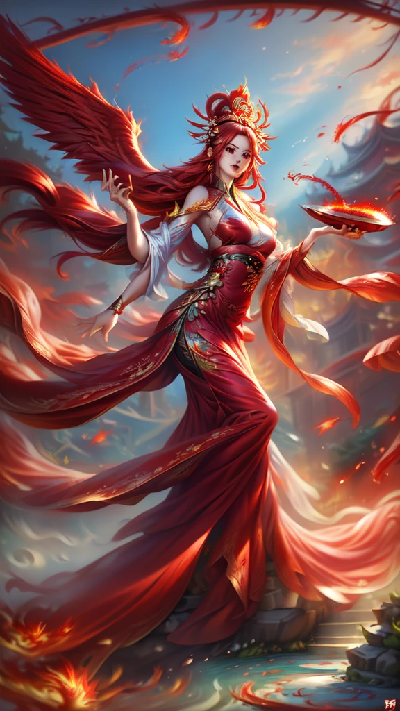 garden,Small bridge and flowing water,red phoenix woman,Long flowing red hair,Phoenix Eyes,Present beauty,Elegance,Big breasts,Present a beautiful figure,Wearing a fiery red Phoenix dress,Sit on a board,Solo Phoenix Guzheng.High resolution, masterpiece, best quality, high detail, Ultra HD,