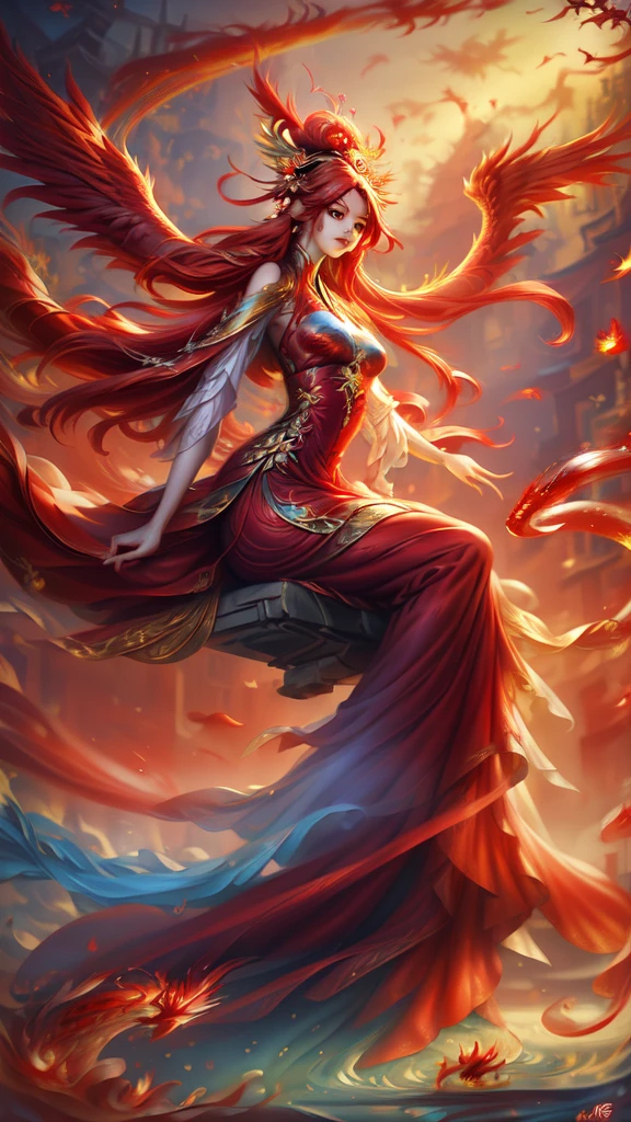 garden,Small bridge and flowing water,red phoenix woman,Long flowing red hair,Phoenix Eyes,Present beauty,Elegance,Big breasts,Present a beautiful figure,Wearing a fiery red Phoenix dress,Sit on a board,Solo Phoenix Guzheng.High resolution, masterpiece, best quality, high detail, Ultra HD, 