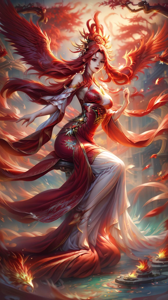 garden,Small bridge and flowing water,red phoenix woman,Long flowing red hair,Phoenix Eyes,Present beauty,Elegance,Big breasts,Present a beautiful figure,Wearing a fiery red Phoenix dress,Sit on a board,Solo Phoenix Guzheng.High resolution, masterpiece, best quality, high detail, Ultra HD,
