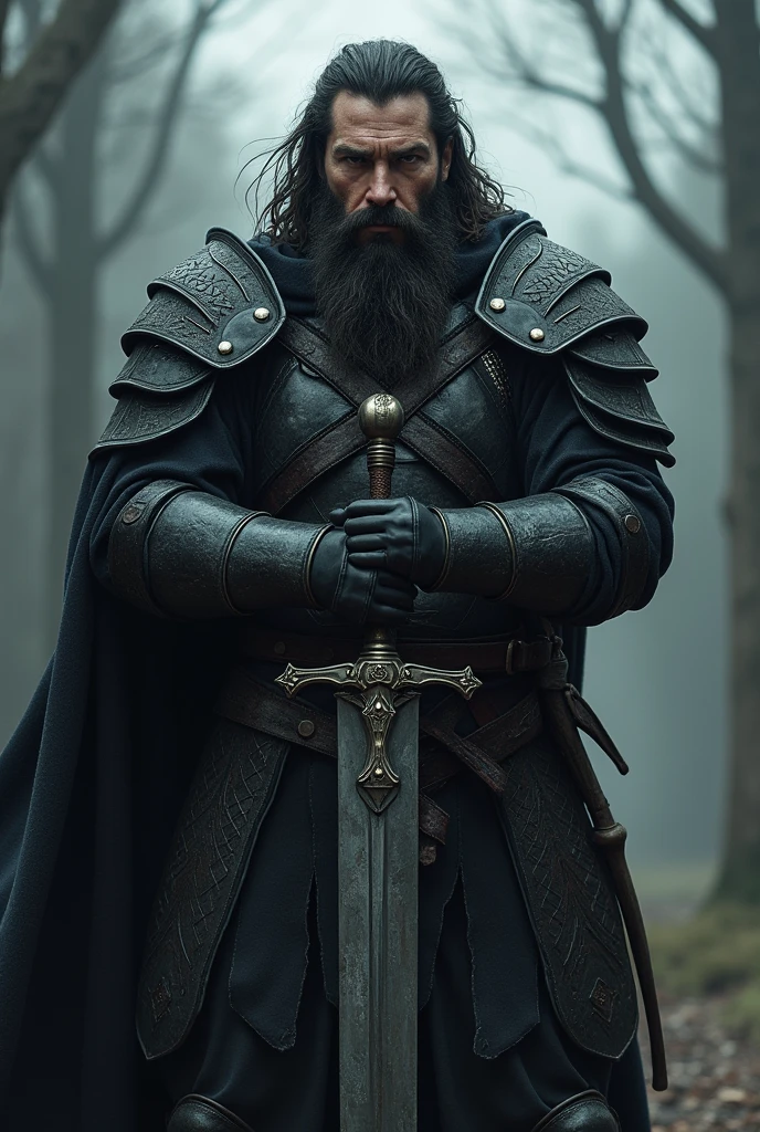 a man, warrior, dirty black hair and beard, dark fantasy, detailed black armor, large sword