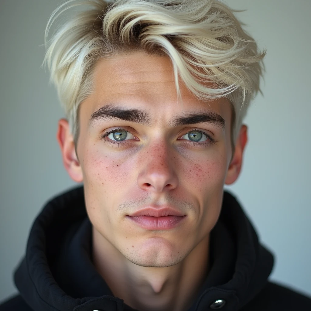 photograph head shot of an attractive 22 year-old male model, Germanic-Icelandic features, very short textured platinum blond hair, side swept bangs, pale skin tone, raised eyebrow smirk expression, 16k, extremely detailed skin
