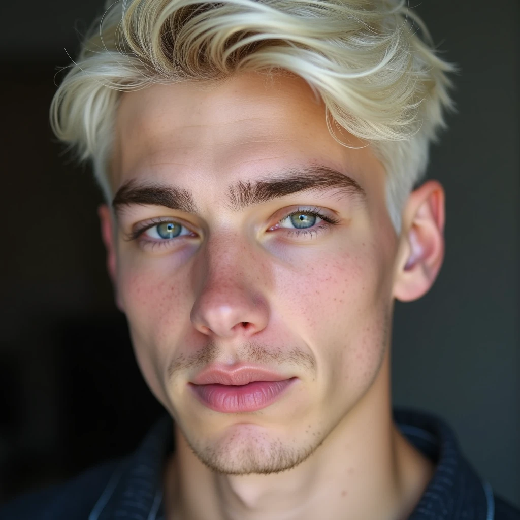 photograph head shot of an attractive 22 year-old male model, Germanic-Icelandic features, very short textured platinum blond hair, side swept bangs, pale skin tone, raised eyebrow smirk expression, 16k, extremely detailed skin