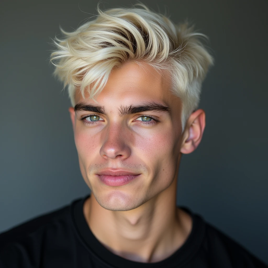 photograph head shot of an attractive 22 year-old male model, Germanic-Icelandic features, very short textured platinum blond hair, side swept bangs, pale skin tone, raised eyebrow smirk expression, 16k, extremely detailed skin