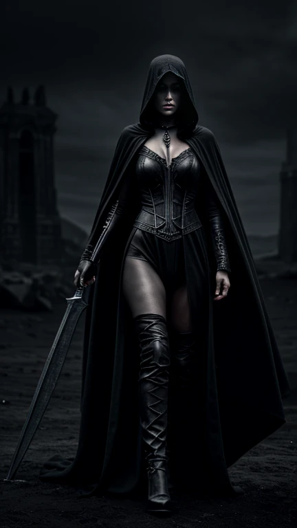 a beautiful female angel of death, naked, wearing a black cloak and hood, holding a scythe in her right hand and an hourglass in her left hand, highly detailed, photorealistic, 8k, dramatic lighting, moody, gothic, dark fantasy style
