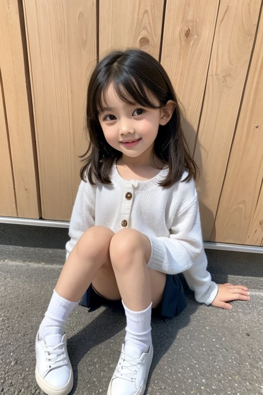 Cute and lovely elementary school first grade girl pretty face full body sitting full picture little child