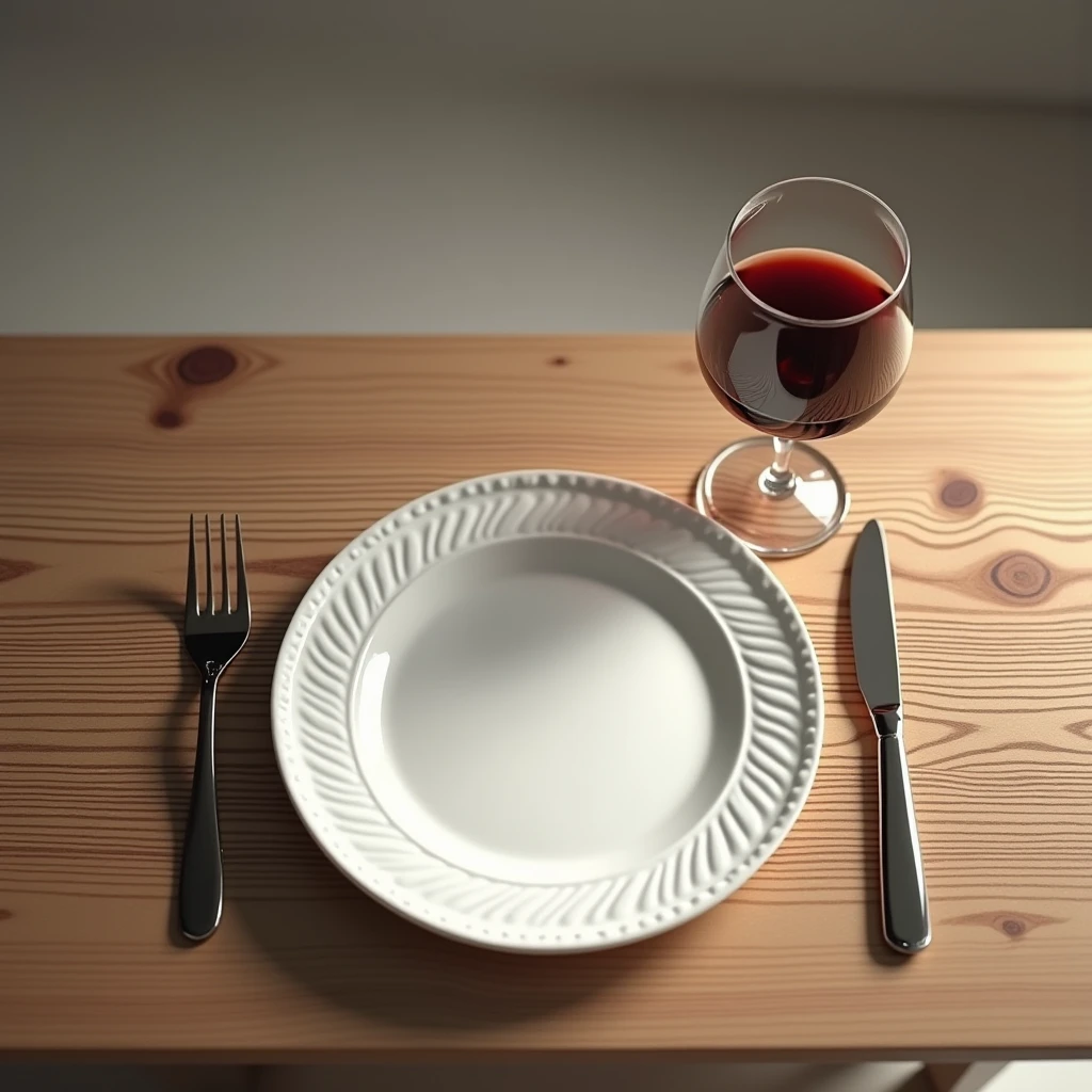 Table with plate and glass of wine seen from above. Still life style 