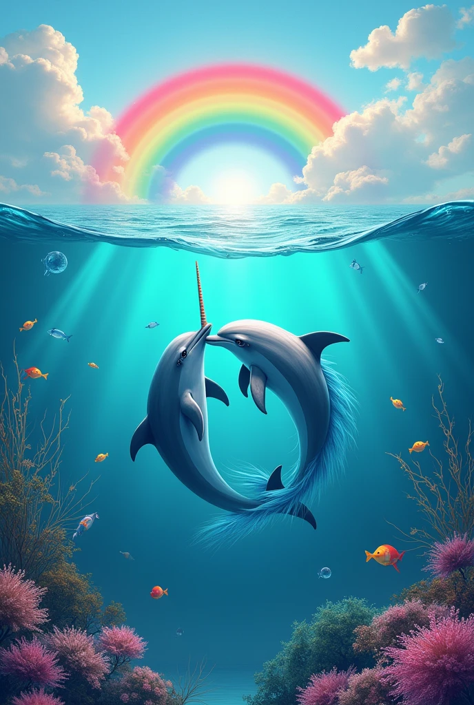 A dolphin and a unicorn in the sea with a rainbow in the background and colorful things that look realistic 