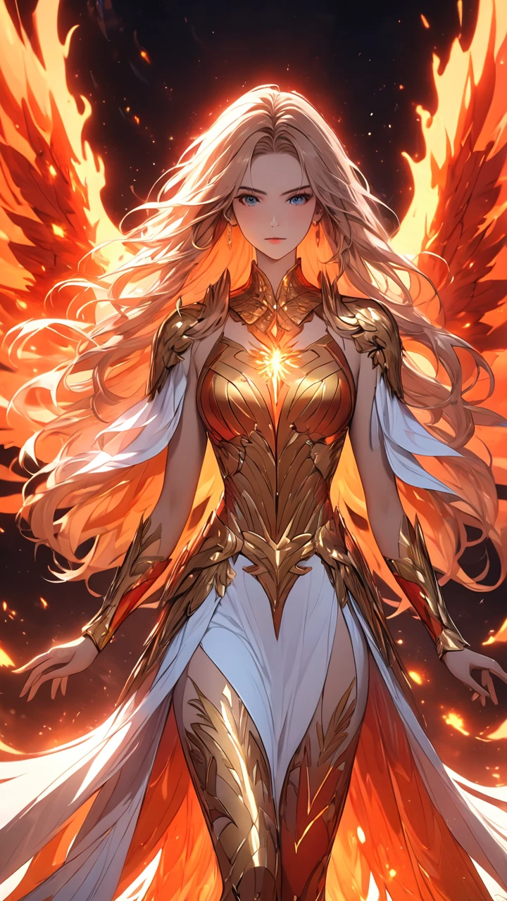 (((masterpiece, best quality, high detailed, 16k))) (1girl) A radiant young girl imbued with the powers of the phoenix, her eyes glowing with an inner fire. Her long, flowing hair is a fiery mix of red, orange, and gold, resembling the flames of a phoenix. She wears a celestial armor, shimmering with a blend of white and gold, adorned with ethereal patterns and symbols of rebirth and renewal. The armor is both elegant and protective, with feather-like accents that give her an otherworldly appearance. She emanates a warm, powerful aura, and behind her, ethereal wings of fire seem to form, hinting at her phoenix heritage. ((full body view))