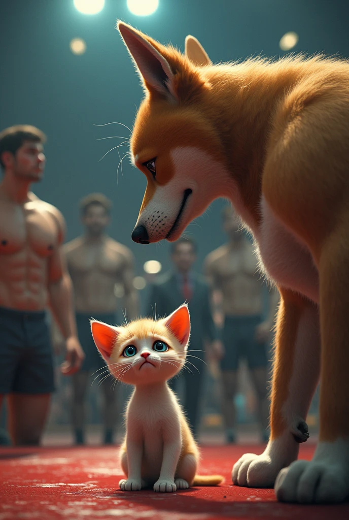 In a corner of the 'Meow Gym,' the small kitten, who had come to the gym with his father, watches the scene of his dad’s defeat with a heartbroken expression. The kitten’s eyes are wide and filled with tears, his tiny body slumped in sadness as he sees the dog bodybuilder standing victorious over his father. The gym’s vibrant energy feels distant to the kitten, who can’t help but feel the sting of his father's loss. Other gym-goers, noticing the kitten's distress, look on sympathetically, their earlier excitement now tempered by the kitten's visible pain. The scene captures a poignant moment of innocence confronted with the harsh reality of competition."