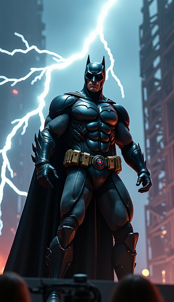 Rock Batman marvel holding the microfon singing with a background of thunder and a very rock vibes.