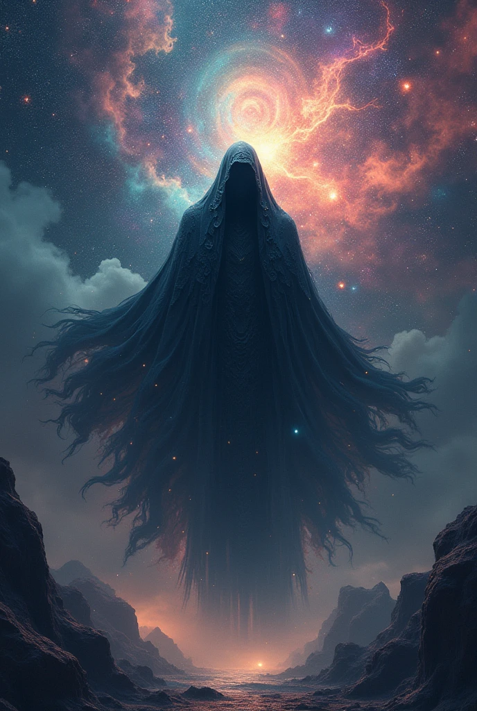 The incarnation of evil Floating in the middle of the starring sky, heavenly, sky of colorful stars, fantasy theme, cinematic lighting, vibrant lighting