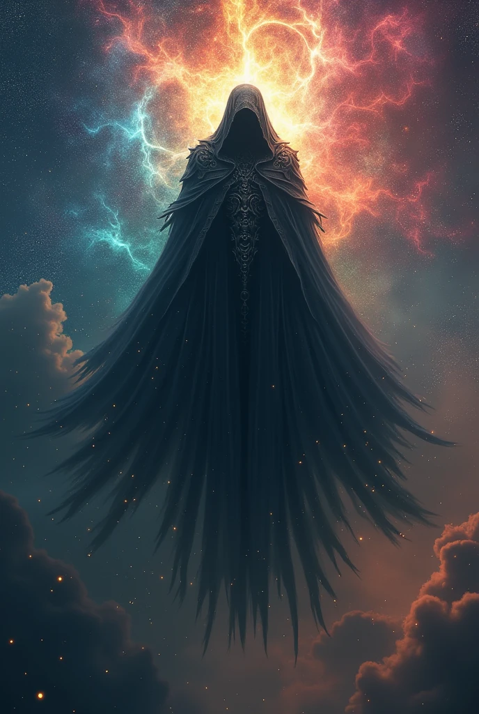 The incarnation of evil Floating in the middle of the starring sky, heavenly, sky of colorful stars, fantasy theme, cinematic lighting, vibrant lighting