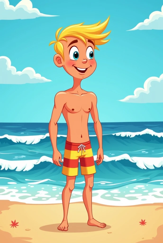 create a blond man on the beach with beach shorts without a shirt facing the sea, but the man must be like a children's cartoon (cartoon)