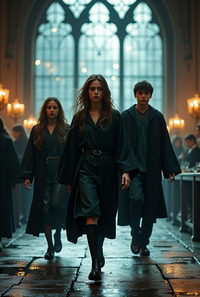 Create a margin where a girl with the appearance of Adelaide Kane, A boy with the appearance of Lorenzo Zurzolo and another with the appearance of Blaise Zabini enter the Hogwarts dining room soaked